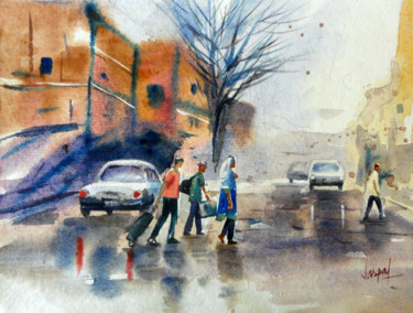 Painting titled "Rainy street" by Jaspal Singh, Original Artwork, Watercolor