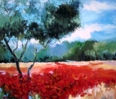 Peinture intitulée "champs de coquelico…" par Véronique Lancien, Œuvre d'art originale