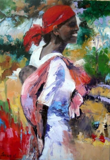 Peinture intitulée "JEUNE AFRICAINE ET…" par Véronique Lancien, Œuvre d'art originale