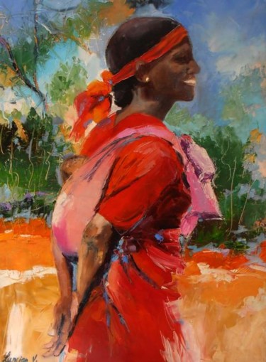 Peinture intitulée "Jeune africaine et…" par Véronique Lancien, Œuvre d'art originale