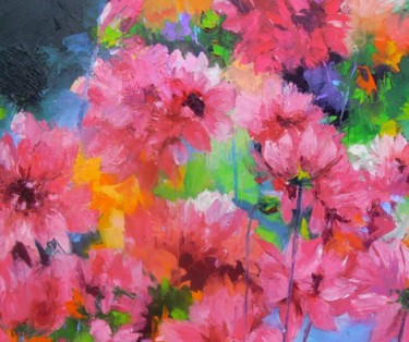 Картина под названием "Dahlias roses et lu…" - Véronique Lancien, Подлинное произведение искусства