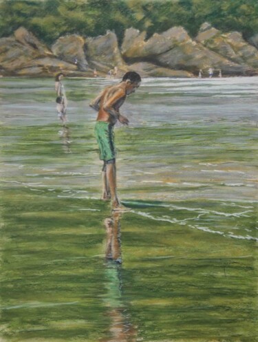 Desenho intitulada "Playa asturiana" por Javier Ipiña, Obras de arte originais, Pastel