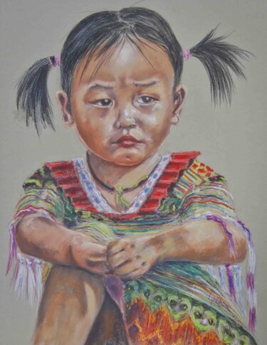 Dibujo titulada "Niña vietnamita" por Javier Ipiña, Obra de arte original, Pastel