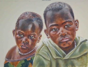Dessin intitulée "Niños Himba. Namibi…" par Javier Ipiña, Œuvre d'art originale, Pastel