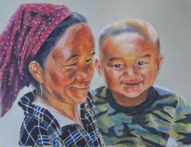 Dessin intitulée "Abuela vietnamita y…" par Javier Ipiña, Œuvre d'art originale, Pastel