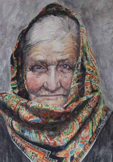 Peinture intitulée "Anciana con pañuelo" par Javier Ipiña, Œuvre d'art originale, Aquarelle