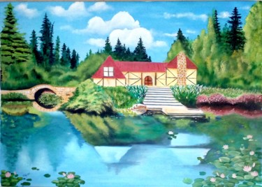 Картина под названием "A cottage besides a…" - Murad Jawed, Подлинное произведение искусства, Масло