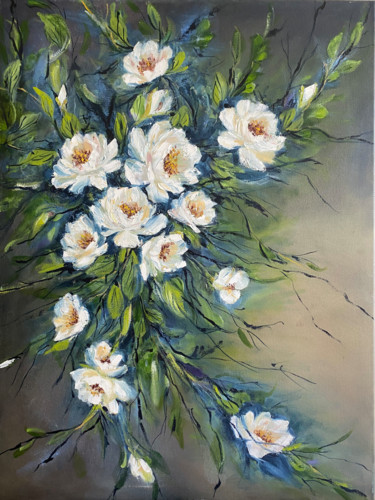 Painting titled "White roses" by Jacqueline Wilkinson, Original Artwork, Oil