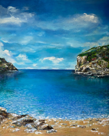 Painting titled "Spanish sea" by Jacqueline Wilkinson, Original Artwork, Oil Mounted on Wood Panel