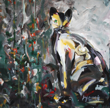 Картина под названием "A cat in my garden" - Jay Karun, Подлинное произведение искусства, Акрил
