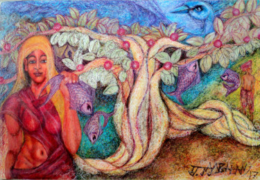 Картина под названием "Women and the nature" - Jayabalan Dhamodran, Подлинное произведение искусства, Масло