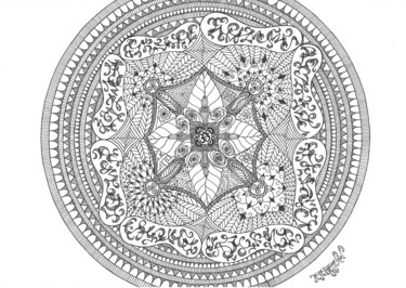 Dessin intitulée "Mandala Floral" par Jaya Bhagavan, Œuvre d'art originale, Encre