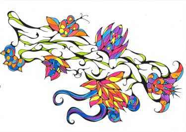 Drawing titled "Fleurs colorées" by Jaya Bhagavan, Original Artwork, Ink