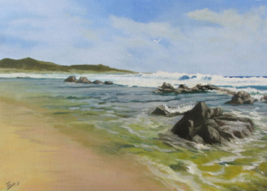 Painting titled "Gulls by the Rocks" by Jmcd Art, Original Artwork, Oil