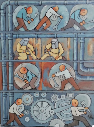 Painting titled "Les Machines" by Jean-Christophe Pagès, Original Artwork, Acrylic Mounted on Wood Stretcher frame