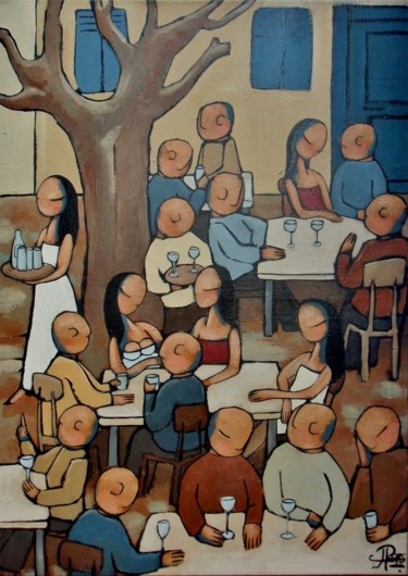 Painting titled "Le petit café" by Jean-Christophe Pagès, Original Artwork, Acrylic Mounted on Wood Stretcher frame