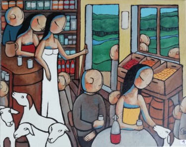 Painting titled "L'épicerie" by Jean-Christophe Pagès, Original Artwork, Acrylic Mounted on Wood Stretcher frame