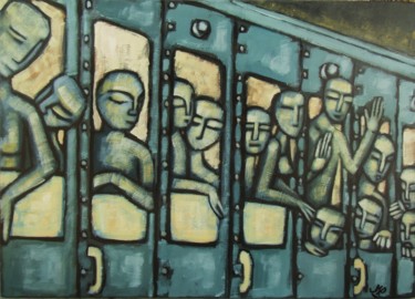 Картина под названием "Le train vert" - Jean-Christophe Pagès, Подлинное произведение искусства, Акрил Установлен на Деревян…