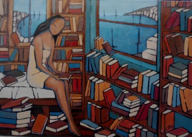 Painting titled "La femme du port et…" by Jean-Christophe Pagès, Original Artwork, Acrylic Mounted on Wood Stretcher frame