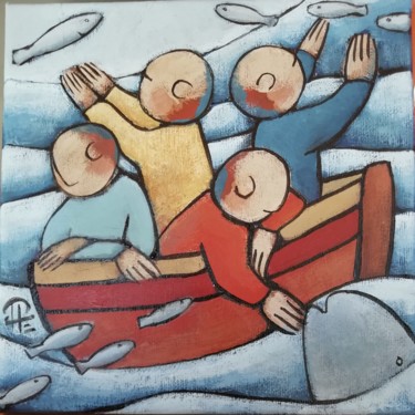 Painting titled "Les Poissons" by Jean-Christophe Pagès, Original Artwork, Acrylic Mounted on Wood Stretcher frame