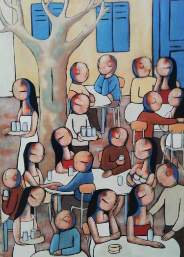 Painting titled "Le petit café des a…" by Jean-Christophe Pagès, Original Artwork, Acrylic Mounted on Wood Stretcher frame