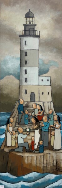 Painting titled "Le grand phare" by Jean-Christophe Pagès, Original Artwork, Acrylic Mounted on Wood Stretcher frame