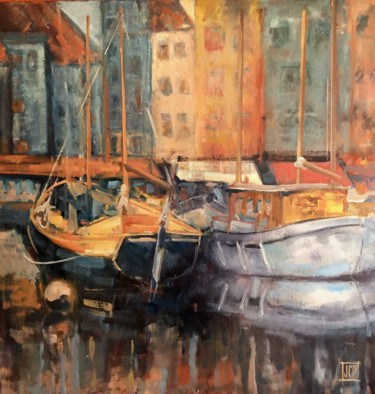 Painting titled "Honfleur" by Jean-Claude Perrin, Original Artwork, Oil Mounted on Wood Stretcher frame