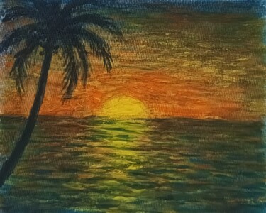 Painting titled "Sunset with coconut…" by José A Cavaco, Original Artwork, Gouache