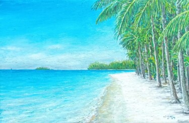 Painting titled "beach view at Mauri…" by José A Cavaco, Original Artwork, Oil Mounted on Wood Stretcher frame