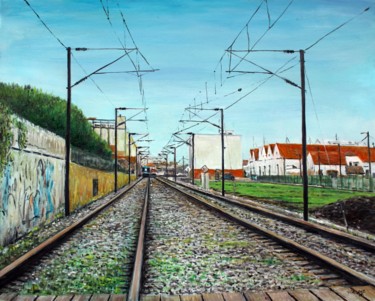 Pintura intitulada "faro-railway-lines.…" por José A Cavaco, Obras de arte originais, Óleo