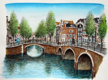 Painting titled "Amsterdam-bridges.j…" by José A Cavaco, Original Artwork, Watercolor