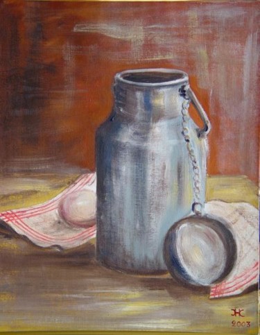 Painting titled "Le pot à lait" by Jean-Claude Chatain, Original Artwork, Oil Mounted on Wood Stretcher frame
