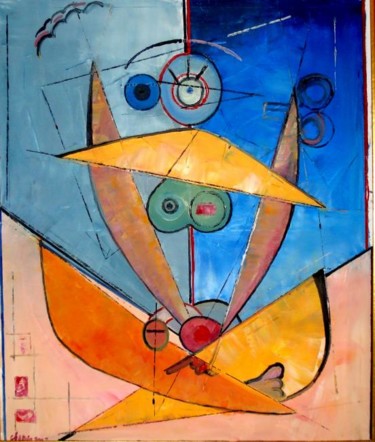 Painting titled "Adam, Le Mecan'homme" by Jean-Claude Chatain, Original Artwork, Oil Mounted on Wood Stretcher frame