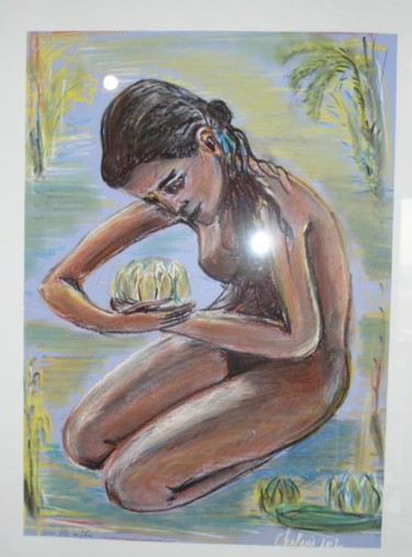 Peinture intitulée "Jeune fille au lotus" par Jean-Claude Chatain, Œuvre d'art originale