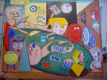 Painting titled "Séance du Conseil M…" by Jean-Claude Chatain, Original Artwork, Oil Mounted on Wood Stretcher frame