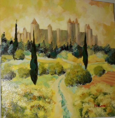 Painting titled "cite de carcassonne" by Jean Claude Darroussat, Original Artwork, Acrylic Mounted on Wood Stretcher frame