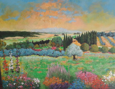 Painting titled "paysage de villeneu…" by Jean Claude Darroussat, Original Artwork, Acrylic Mounted on Wood Stretcher frame