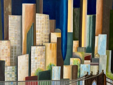 Painting titled "Cityscape" by Jchadima, Original Artwork, Oil Mounted on Wood Stretcher frame