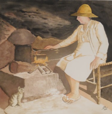 Painting titled ""gramoune au feu de…" by Jean Claude Kowalski, Original Artwork, Watercolor Mounted on Cardboard