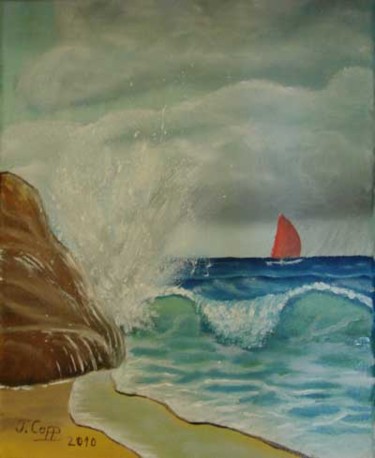 Peinture intitulée "Plage et voilier" par Jacques Copp, Œuvre d'art originale