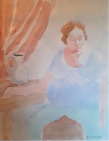 Painting titled "fatigue" by Jean Christophe Ravier, Original Artwork, Watercolor