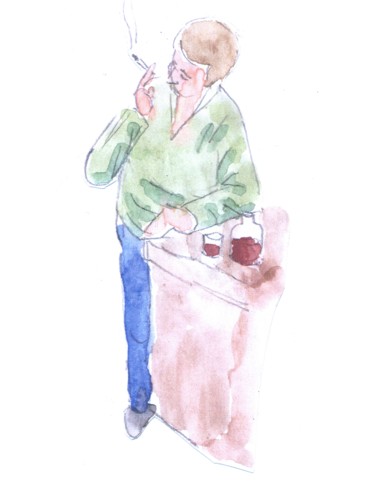 Painting titled "bistrot" by Jean Christophe Ravier, Original Artwork, Watercolor Mounted on Glass