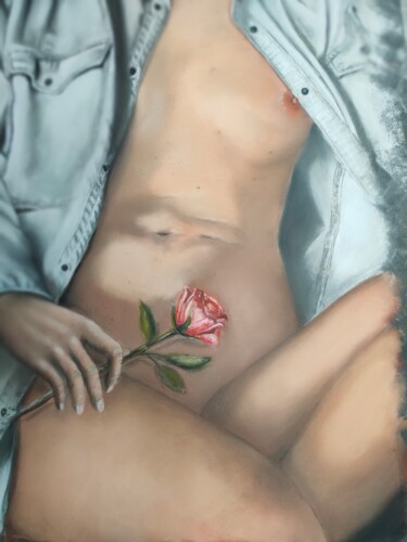 Dessin intitulée "la dame a la rose" par Jean Alvarez, Œuvre d'art originale, Pastel