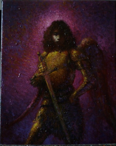 Painting titled "Archange en armure…" by Jean Ampe, Original Artwork, Oil Mounted on Wood Stretcher frame