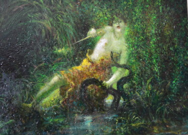 Painting titled "Amazone au prise av…" by Jean Ampe, Original Artwork, Oil