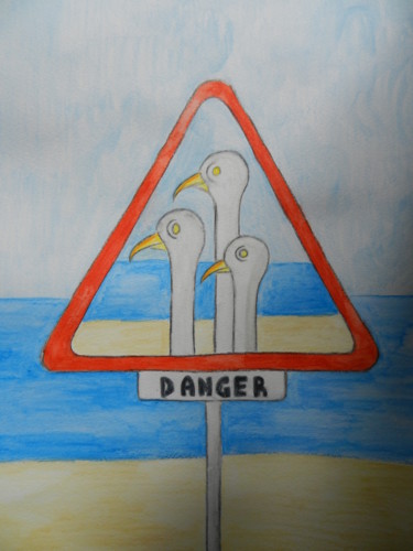 Malarstwo zatytułowany „DANGER ! MOUETTES” autorstwa Le Livreur De Chats, Oryginalna praca, Akwarela