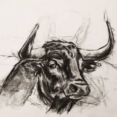 Desenho intitulada "Portrait de taureau" por Jean-Baptiste De Poret, Obras de arte originais, Carvão