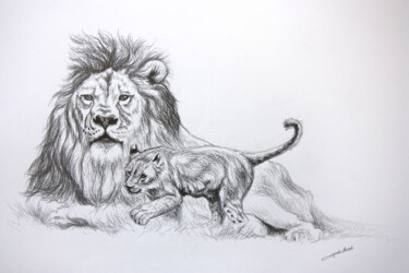 Dibujo titulada "Dessin lion-lionceau" por Jean-Baptiste De Poret, Obra de arte original, Otro