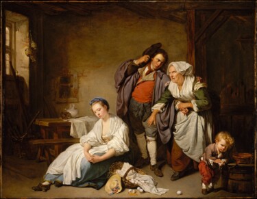 Картина под названием "Les œufs cassés" - Jean-Baptiste Greuze, Подлинное произведение искусства, Масло