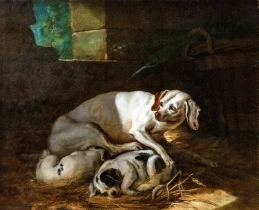 Schilderij getiteld "Chienne allaitant s…" door Jean-Baptiste Oudry, Origineel Kunstwerk, Olie